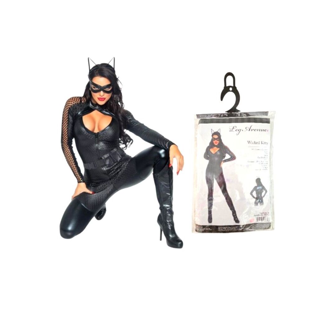 Leg Avenue Wicked Kitty Womens Costume Medium Black Textured Catsuit Mask 4PC